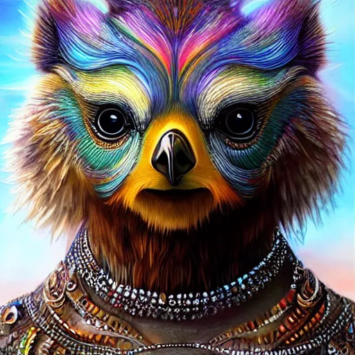 Prompt: a beautiful close up face portrait shot from a fantasy film of a humanoid iridescent rainbow female falcon bear hybrid wearing a loose tunic. an anthropomorphic owlbear. fantasy, frown, intricate, elegant, highly detailed, digital painting, artstation, concept art, matte, sharp focus, illustration, art by artgerm and greg rutkowski