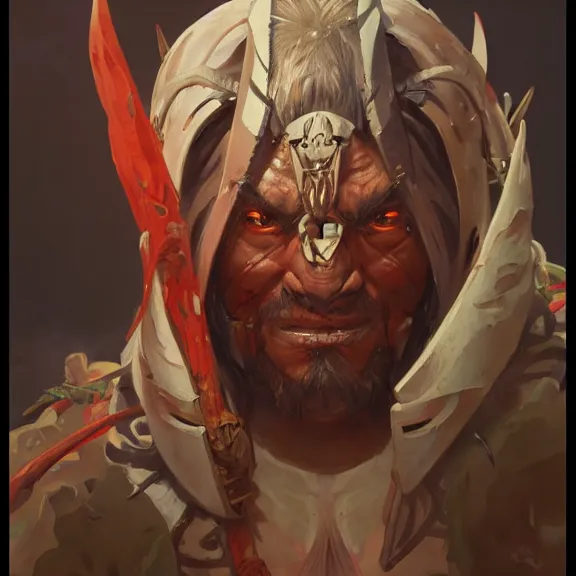 Image similar to portrait of an oni chieftan, painted portrait, 4k, trending on artstation, octane render, art by artgerm and greg rutkowski and alphonse mucha and craig mullins and James Jean and Andrei Riabovitchev and Marc Simonetti and peter mohrbacher