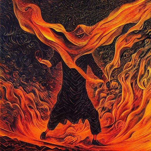 Image similar to god of fire, fog, surreal by dan mumford and umberto boccioni, oil on canvas