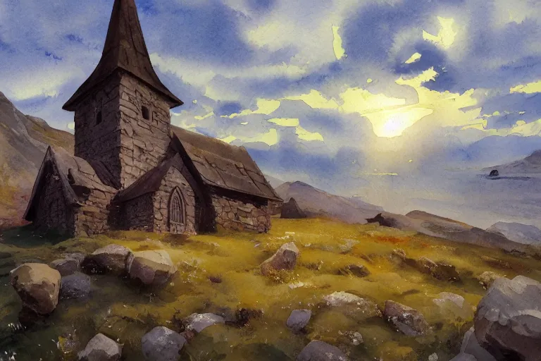 Image similar to small centered on watercolor paper, paint brush strokes, abstract watercolor painting of traditional scandinavian stone church, rough rock, medieval chapel at dawn, cinematic light, national romanticism by hans dahl, by jesper ejsing, by anders zorn, by greg rutkowski, by greg manchess, by tyler edlin
