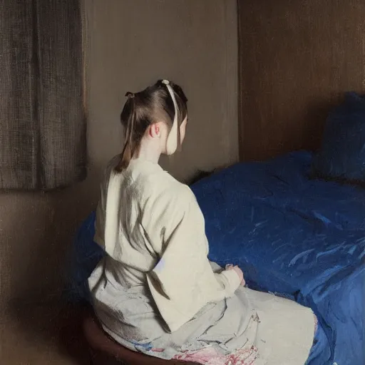 Image similar to girl with pigtails, in kimono, backview, sitting on edge of bed, by jeremy lipking, tim rees, joseph todorovitch