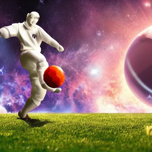 Prompt: god playing football with earth in space