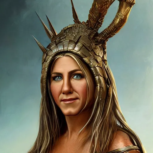 Image similar to portrait of jennifer aniston as amazon in an intricate dress by roberto ferri, fantasy, witcher, very detailed, masterpiece, 8 k