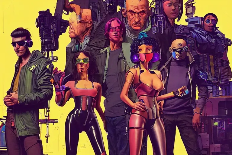 Image similar to cyberpunk heist crew. portrait by stonehouse and mœbius and will eisner and gil elvgren and pixar. character design. realistic proportions. dystopian. cyberpunk 2 0 7 7 character art, blade runner 2 0 4 9 concept art. cel shading. attractive face. thick lines. the team. diverse characters.