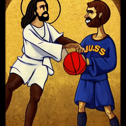 Image similar to Jesus playing basketball with Satan