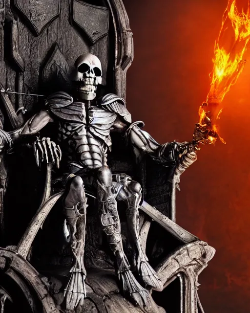 Prompt: closeup of skeletor sitting in a throne in a decayed castle, dramatic lighting, frank frazetta, rim lighting, octane, dark souls, craig mulins, octane, 8 k