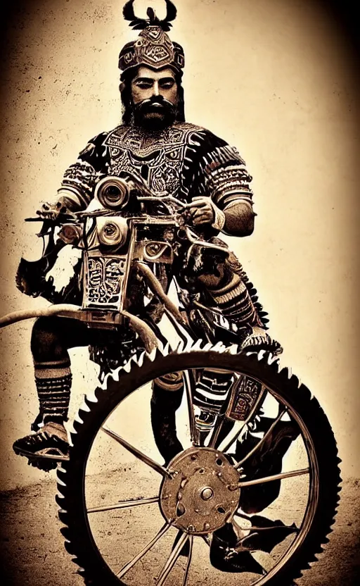 Image similar to old vintage full body photo of ancient aztec jaguar warrior with full beard riding vintage punk engine with one wheel, extreme sports photography ,super high speed photography, dynamic photography,symmetrical face, clean face, muscular body, high speed,dirt and grawel in air, lens flares, dust partiles in the air, dramatic lighting, intricate, highly detailed, centered, smooth, sharp focus, sports photography, old photo, black and white, sepia, cinematic lighting, cinematic angle, national geographic