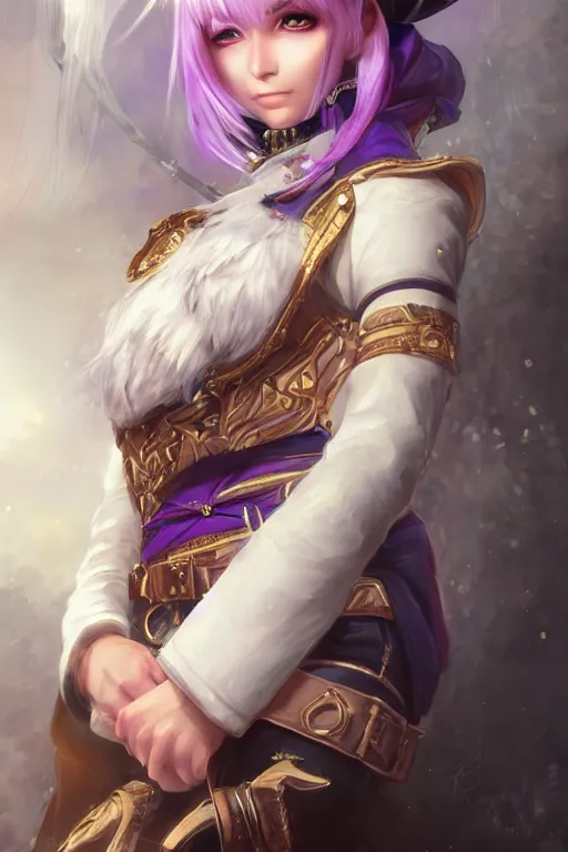 Image similar to A realistic anime portrait of a short white haired female rogue wearing an intricate pirate outfit, middle eastern, purple eyes, digital painting, by Stanley Artgerm Lau, Sakimichan, WLOP and Rossdraws, digtial painting, trending on ArtStation, SFW version