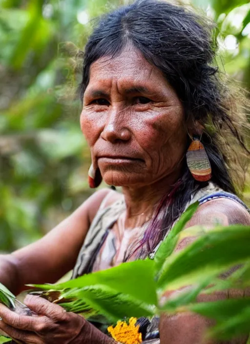 Image similar to a beautiful close up portrait of an indigenous woman preparing plant medicines in the jungle, highly detailed