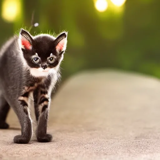 Prompt: a tall, muscular bat kitten walking in a forest, sunset, realistic, romantic, enchanting, dreamy, IMAX