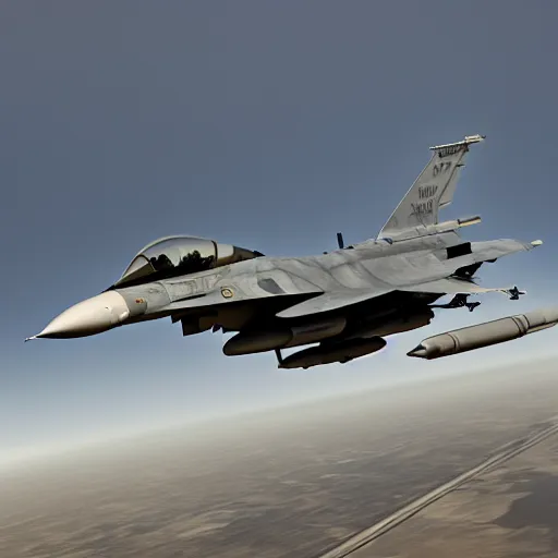 Image similar to f - 1 6 dogfighting, hyprrealistic, unreal engine, 8 k, render, extremely detailed, sharp focus, award - winning photograph, fighter jet, octane render, beautiful composition, masterpiece