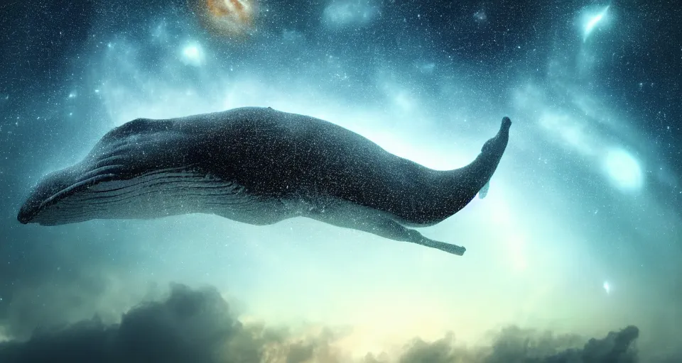 Image similar to high quality photo of big whale floating in dark beautiful space filled with stars, planets and galaxies, photorealism, 8k, extremely detailed