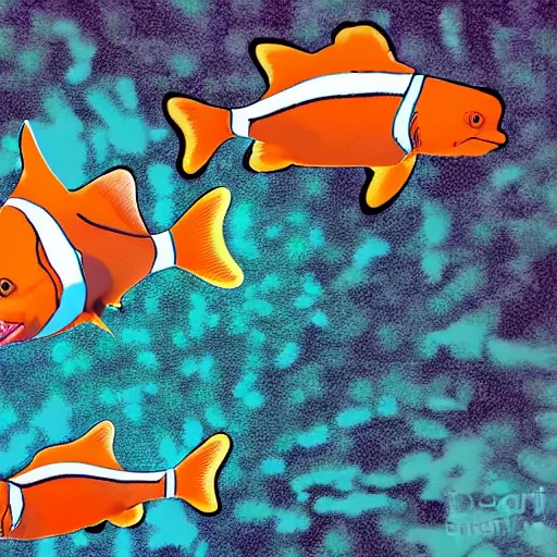 Prompt: a clownfish fighting a shark, digital art