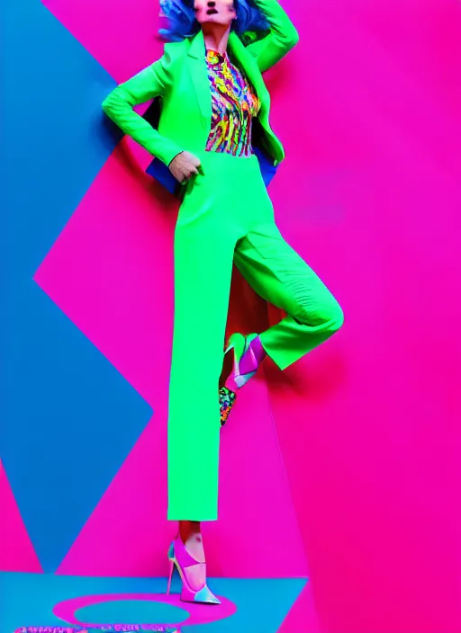 Image similar to bright trouser suit for a rave, bright colors, many details, prints, photo for a magazine, photo for a store, fashion photography, Vogue, 135 mm, cinematic, hyper realism, high detail, 8k, Two models in the frame, dynamic pose,Smooth skin, perfect face