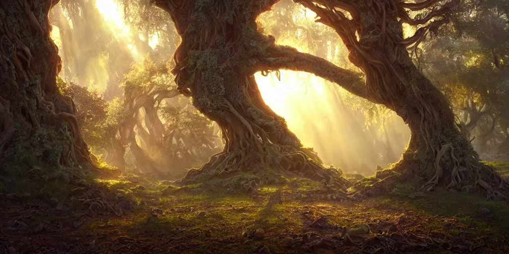 Prompt: portal to heaven made from gnarled roots of an enormous oak tree, idyllic forest scape by jordan grimmer and rebecca guay, crepuscular rays, vibrant, wide angle, epic, vast, trending on artstation, cgsociety, intricate, atmospheric lighting, unreal engine, 8 k resolution, ultrafine detail, octane render