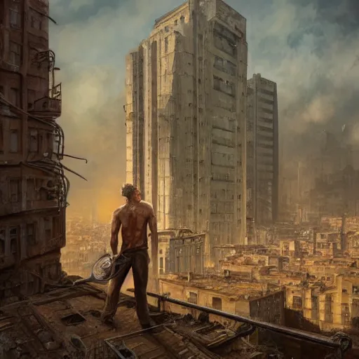 Image similar to an male survivor standing on a rooftop of an abandoned city, dark, atmospheric, detailed, centered, digital painting, artstation, concept art, donato giancola, Joseph Christian Leyendecker, WLOP, Boris Vallejo, Breathtaking, 8k resolution, extremely detailed, beautiful, establishing shot, artistic, hyperrealistic, octane render