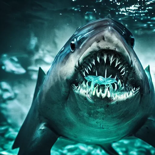 Image similar to underwater closeup of a demonic satanic shark in an abandoned aquarium, real life photography, horror, biological photo, fullbody, dynamic lighting, beautiful, scary, terror