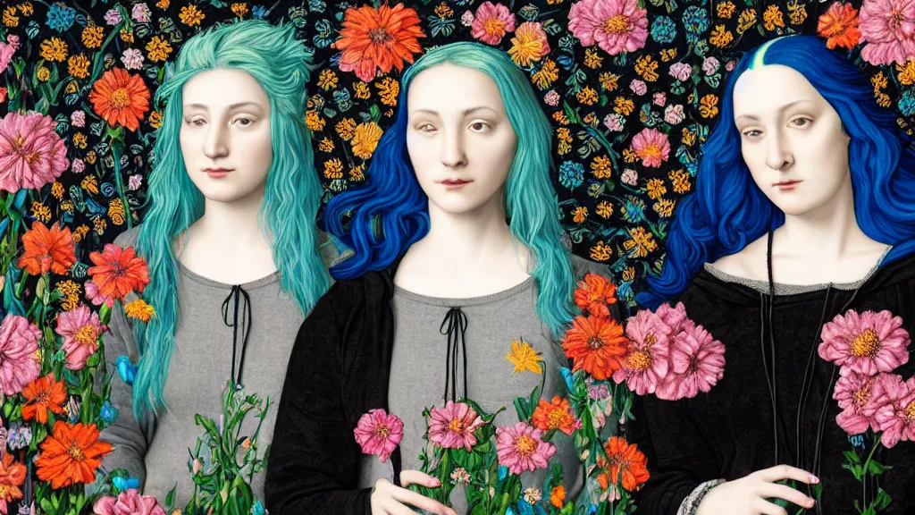 Prompt: photo-realistic portrait of two women with neon blue hair, wearing black hoodies, standing in a garden full of flowers, intricate details, in a renaissance style, black background