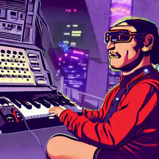 Prompt: a cyberpunk digital painting of El Chavo del Ocho Chaves wearing sunglasses and playing a synthesizer, shadowrun, moog