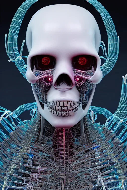 Prompt: 3D render of a CYBERpunk cyborg with translucent skull filled with a fractal of liquid mercury switches, neon eyeballs, titanium skeleton, anatomical, latex flesh and facial muscles, neon wires, microchips, electronics, veins, arteries, glowing, highly detailed, octane render, global lighting by H.R. Giger and Johanna Martine and Jeffrey Smith, background of outer space neon nebulas by Pilar Gogar, 8K HDR