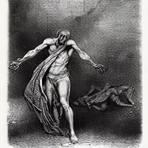 Prompt: man ripping off his own flesh, Fine art engraving by Gustave Dore