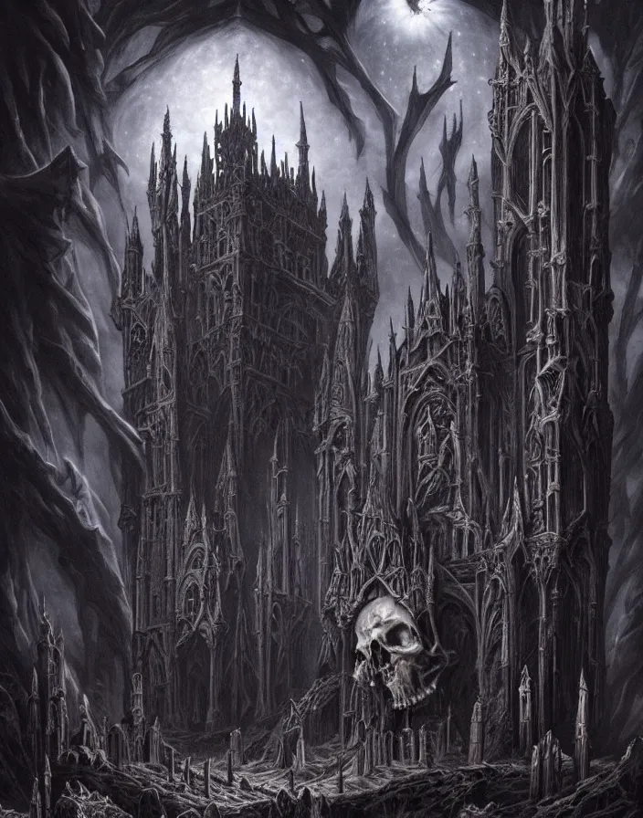 Prompt: a dark gothic castle made of skulls and bones and skeletons, tall spires, epic nebula, Dan Seagrave art