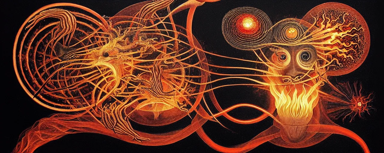 Image similar to a strange fire creature with endearing eyes radiates a unique canto'as above so below'while being ignited by the spirit of haeckel and robert fludd, breakthrough is iminent, glory be to the magic within, in honor of saturn, painted by ronny khalil