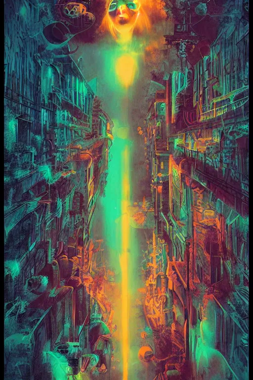 Prompt: mistyt morning, by ciruelo cabral and john picacio, trending on artstation, bioluminescence aerial view gothic, movie poster, vibrant colors, infrared, street art