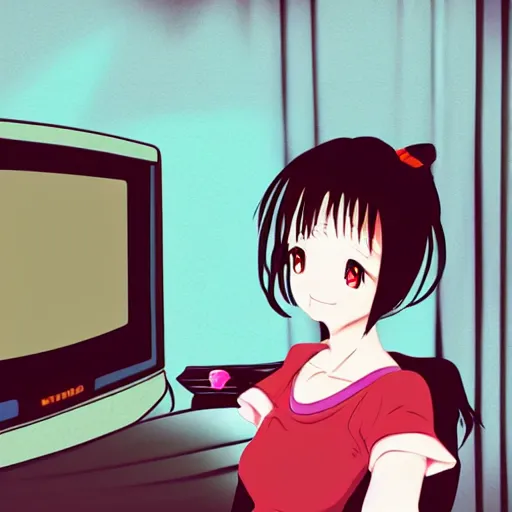 Prompt: Anime girl sitting in a bedroom, dimly lit by a CRT television, retro early 90s style
