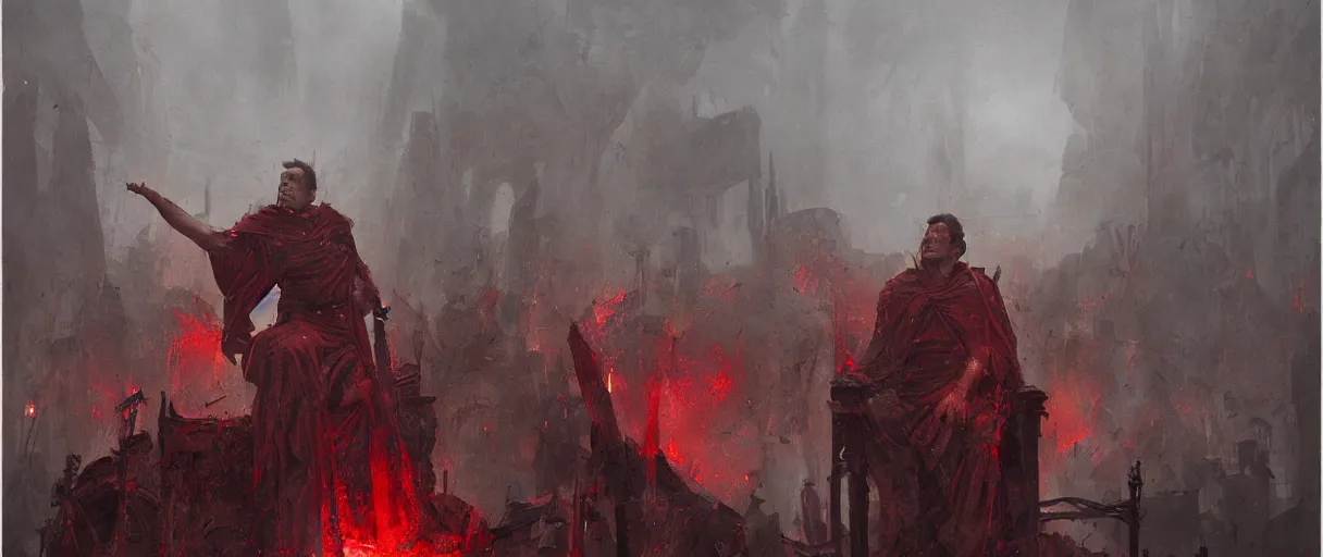 Prompt: the end is near. a tired julius caesar is sitting on his throne. face is highly detailed. splices of red are running down his toga. mist. color scheme red. low angle medium shot. imagined by greg rutkowski and andreas rocha