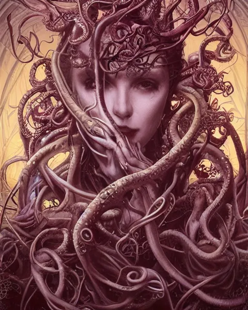 Image similar to centered beautiful detailed portrait of a insane, crazed, mad old woman, ornate tentacles growing around, ornamentation, thorns, vines, tentacles, elegant, beautifully soft lit, full frame, by wayne barlowe, peter mohrbacher, kelly mckernan, h r giger