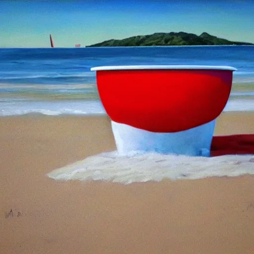 Prompt: an oil painting of a giant white styrofoam cup on the beach, the cup has red water unside of it, surrealism