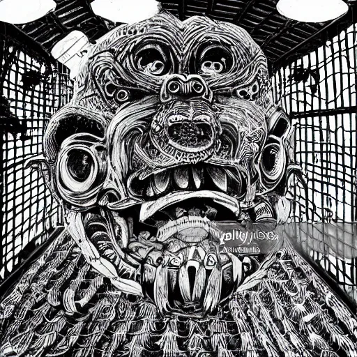 Prompt: monkeys greeting quetzalcoatl locked in a cage in a warehouse, 1 9 8 0's scifi, black and white, 8 k, highly ornate intricate details, extreme detail, punk xerox, lofi