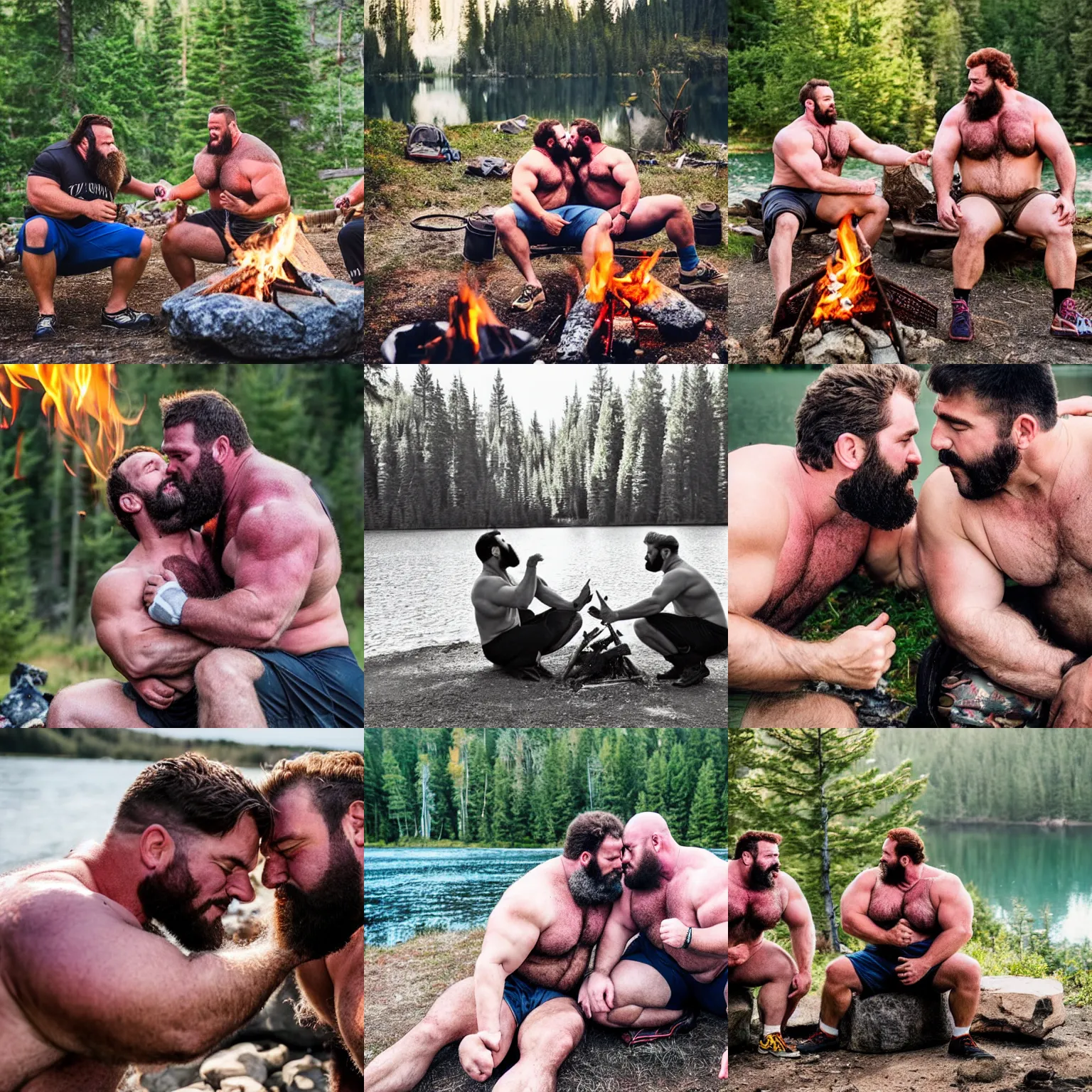 Prompt: big burly hairy manly strongmen kissing by the campfire near a lake, high definition, very detailed, dad energy, photography, brotherhood, wholesome