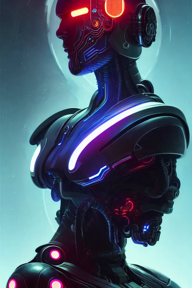 Image similar to Symmetry portrait of cyborg, sci-fi armour, tech wear, cables, glowing lights, sci-fi, intricate, elegant, highly detailed, digital painting, artstation, concept art, smooth, sharp focus, illustration, art by artgerm and greg rutkowski and alphonse mucha