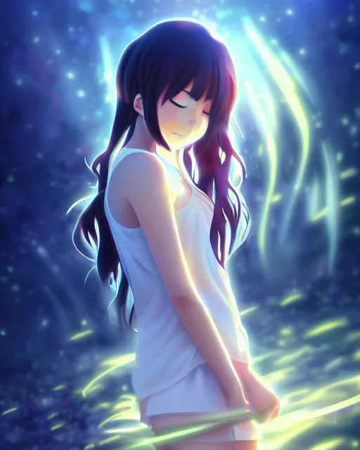 Image similar to anime style, vivid, expressive, full body, 4 k, painting, a cute girl with white skin and a long wavy hair humming a song, stunning, realistic light and shadow effects, centered, simple background, studio ghibly makoto shinkai yuji yamaguchi