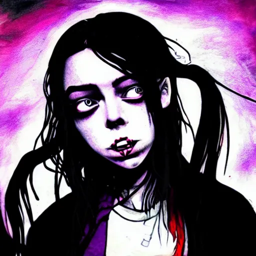 Prompt: grunge drawing of billie eilish in the style of tim burton | horror themed | loony toons style
