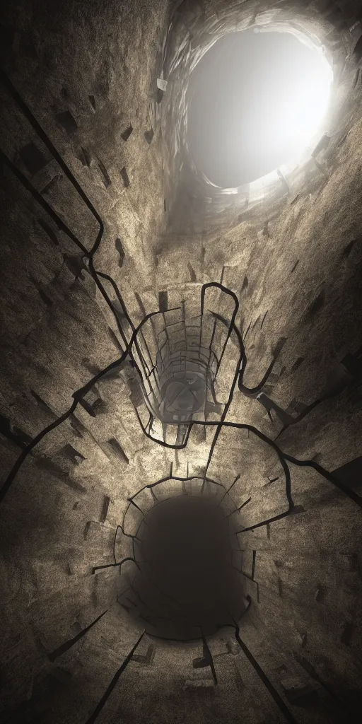 Prompt: a vertical prison in a pit with a hole in the center. dark style, cinematic lighting, side view