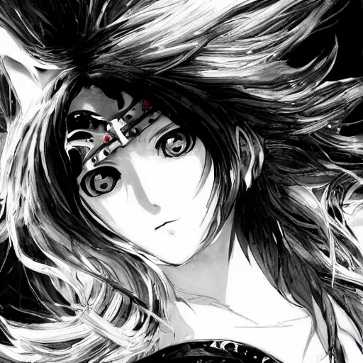 Image similar to Blurred and dreamy illustration of an anime girl with a pirate eye patch, wavy white hair and cracks on her face wearing elden ring armour with the cape fluttering in the wind, Yoshitaka Amano, abstract black and white patterns on the background, noisy film grain effect, highly detailed, Renaissance oil painting, weird portrait angle