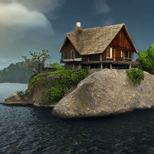 Prompt: house on the island rock, unreal engine, high detail, realism, award winning, detailed lighting