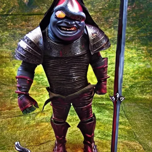 Image similar to shrek wearing black knights armor evil red eyes two handed sword ominous, highly detailed, ultrarealistic