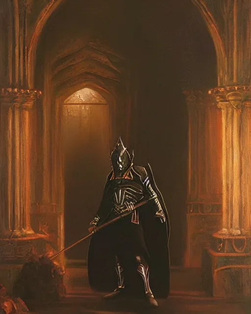 Prompt: a dark mage. he is wearing mage armor and a crown. he is frowning seriously. he is preparing to cast a dark spell. he is standing in a wizards room. award winning realistic oil painting by thomas cole and wayne barlowe