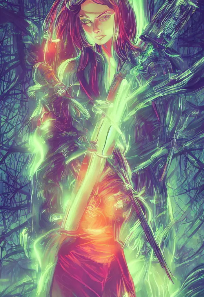 Image similar to , woman with illuminated neon katana in the forest at night, closeup , digital effects fantasy ,digital art, illustration, award winning, professional, stylized, cel shaded