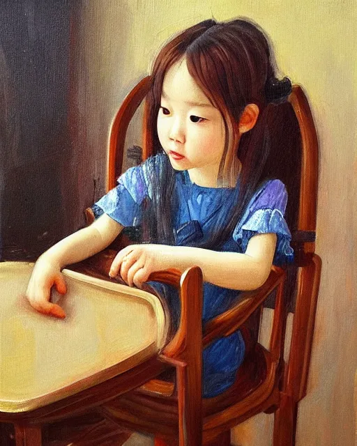 Image similar to the girl is sitting on a very high chair near the ceiling, wonderful eyes, her loose hair, delicate, intricate details, a real masterpiece, oil on canvas, author li zhang