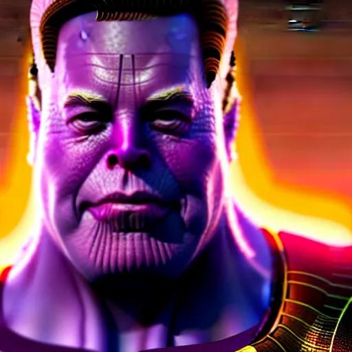 Image similar to a portrait of elon musk as thanos, the pixar adaptation, with same hairstyle, hyper detailed, digital art, trending in artstation, cinematic lighting, studio quality, smooth render, unreal engine 5 rendered, octane rendered