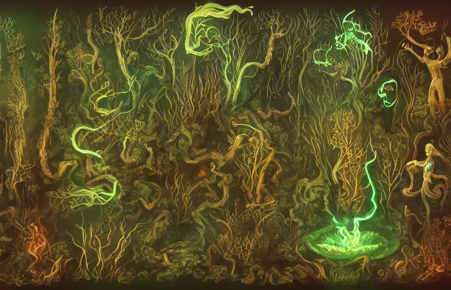 Image similar to shaman, summoning fire / water / light, out of bones / fern / light, green man, misty forest, glowing fungus, cinematic, golden ratio, wavy are the most prompts i used + plenty of variations for building up the details