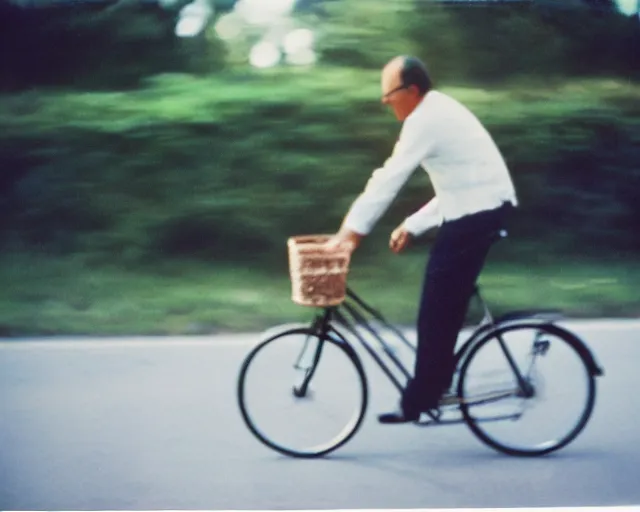 Image similar to a lomographic photo of a priest on bicycle, year 1 9 7 0, cinestill, bokeh, perfect light, high details, symetry, perfect high quality