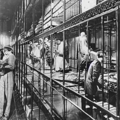 Prompt: scientists surrounding a creature locked in a cage in a warehouse, 1 9 2 0's sci - fi, black and white, 8 k, highly ornate intricate details, extreme detail,