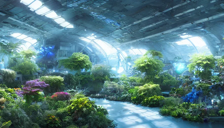 Prompt: Wide view of an indoor garden in a blue space station, wide view, volumetric light, hyperdetailed, artstation, cgsociety, 8k