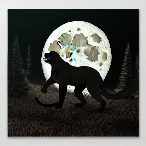 Image similar to a panther roaring at the moon in a forest during the night, large moon in the center. artistic. illustration. trending on artstation. cinematic. photoreal. dark colors. night.